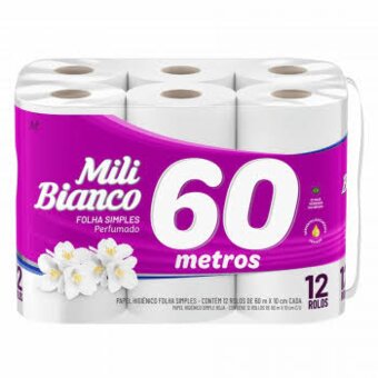 Papel Higiênico Folha Simples Mili Bianco 60M Perfumado Leve 12 Pague 11Und.