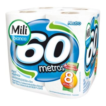 Papel Higiênico Mili Bianco Folha Simples Neutro Pacote 8 Rolos 60M X10Cm