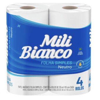Papel Higiênico Mili Bianco Folha Simples Neutro Pacote 4 Rolos X 30M