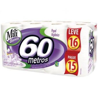Papel Higiênico Mili Bianco Folha Simples Perfumado Pacote 16 Rolos 60M X 10Cm Leve 16 Pague 15