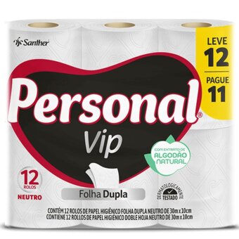 Papel Higiênico Personal Vip 30M Folha Dupla Neutro 12 Unidades